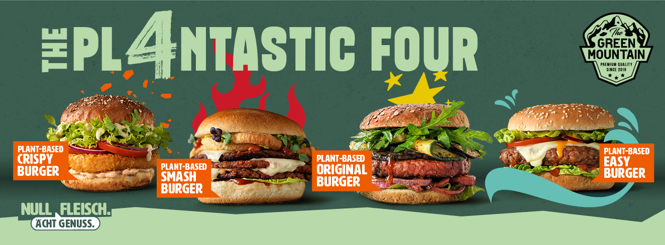 4 x geballte Burgerpower, natürlich plant-based: The Plantastic Four von THE GREEN MOUNTAIN