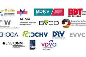 Logos von 15 Wirtschafts- und Branchenverbänden, die die Initiative „Wochenarbeitszeit jetzt“ unterstützen.