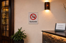 Rauchverbotsschild und Hinweisschild auf einen Raucherraum im Eingangsbereich eines Gastronomiebetriebs