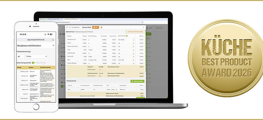 Kategorie Digitale Küchen- und Managementsysteme: Gold für Rezeptrechner Pro Business Paket L von Rezeptrechner SaaS. 
