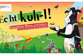 Wettbewerbsplakat „Echt kuh-l!“ 2026 zum Thema Artenvielfalt im Ökolandbau mit illustrativer Darstellung von Landwirtschaft, Tieren und Pflanzen.