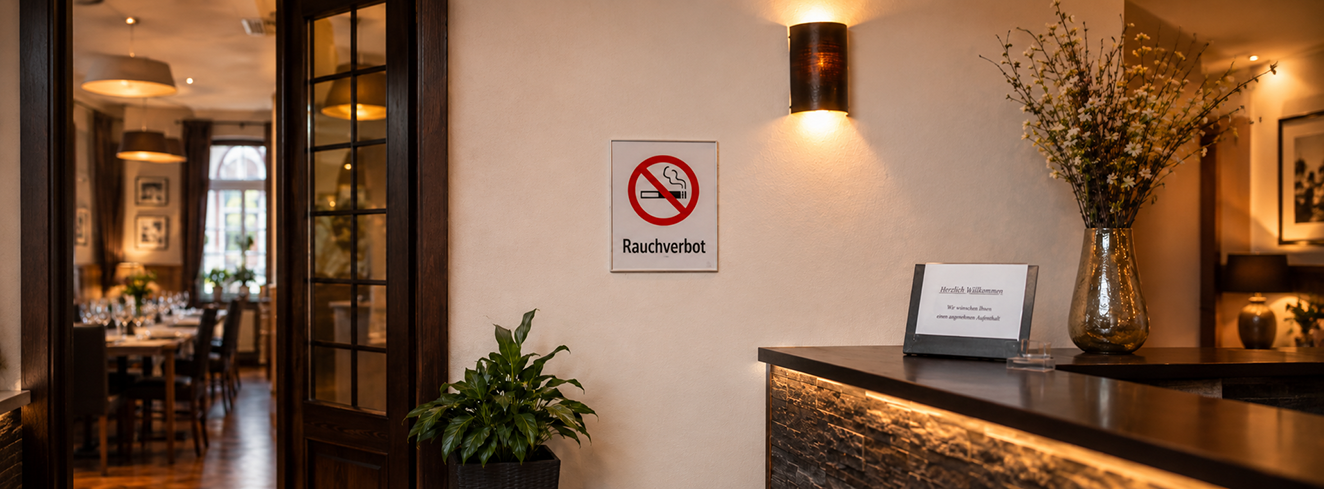 Rauchverbotsschild und Hinweisschild auf einen Raucherraum im Eingangsbereich eines Gastronomiebetriebs