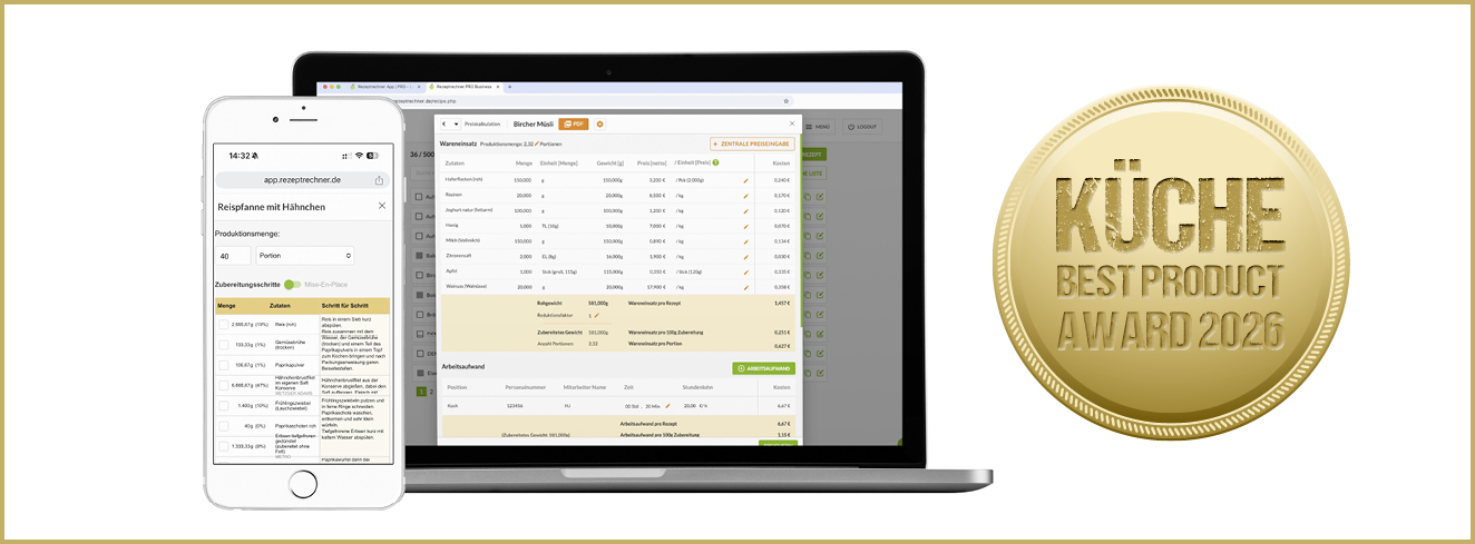 Kategorie Digitale Küchen- und Managementsysteme: Gold für Rezeptrechner Pro Business Paket L von Rezeptrechner SaaS. 