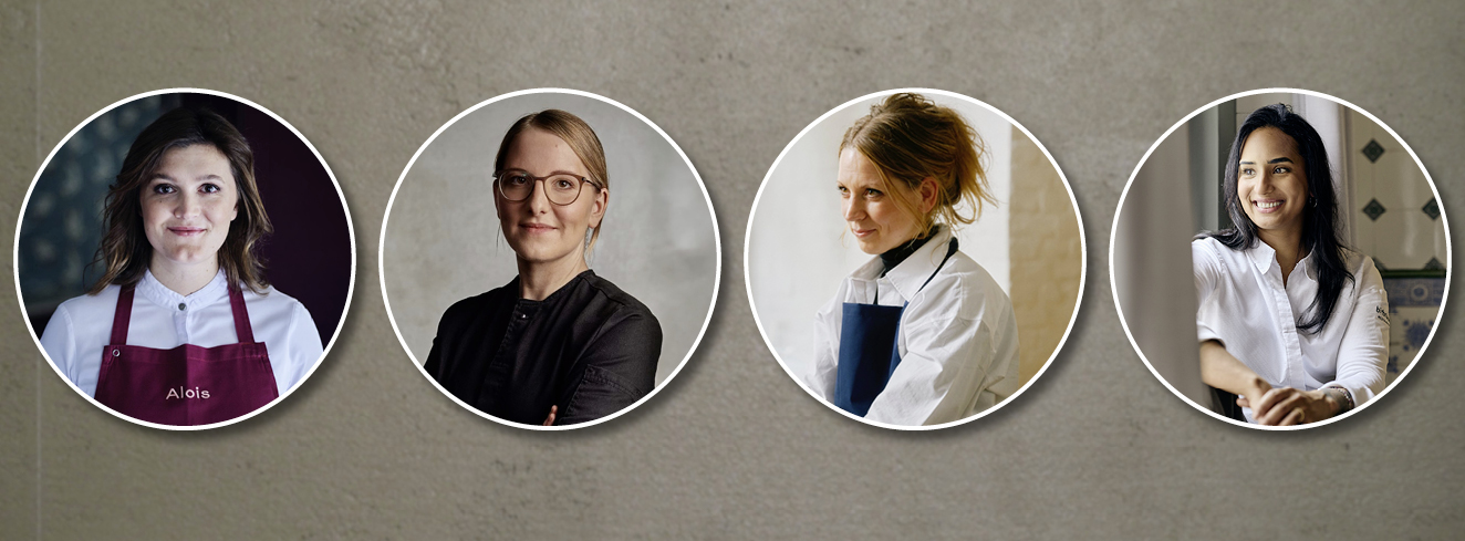 Vier der sechs Nominierten in der Kategorie „Köchin des Jahres“ der CHEF:IN Awards 2026 (v. l.): Rosina Ostler, Julia A. Leitner, Alina Meissner-Bebrout und Sarah Hallmann. Foto: CHEF:IN / Marie Staggat