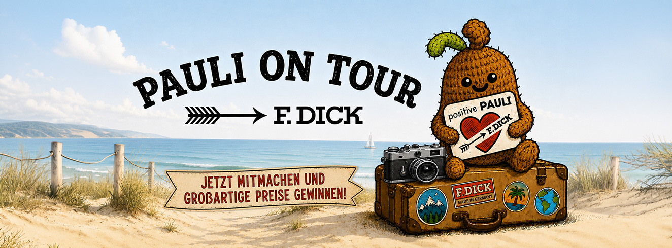 Die gehäkelte Kartoffel „Positive Pauli“ mit Herz in der Hand steht im Mittelpunkt der Sommeraktion von Friedr. Dick.