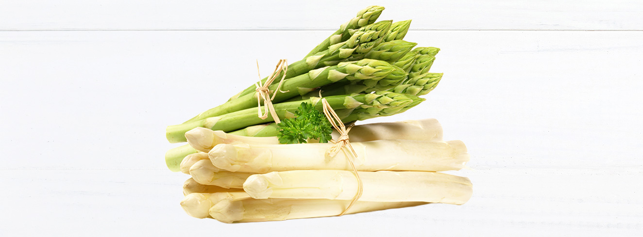 Bündel aus weißem und grünem Spargel auf heller Fläche, frisch geerntet und dekorativ angerichtet, symbolisch für die Frühlingssaison.