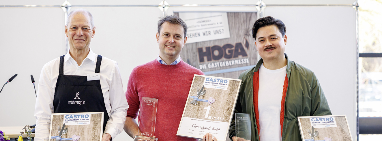 Die drei Erstplatzierten des Gastro Innovation Award 2025 (v. l.): Platz 3: möhrengrün Hack-Allerlei, Platz 1: Genusskoarl GmbH und Platz 2 GoHallyu GmbH. Foto: © Daniel Karmann